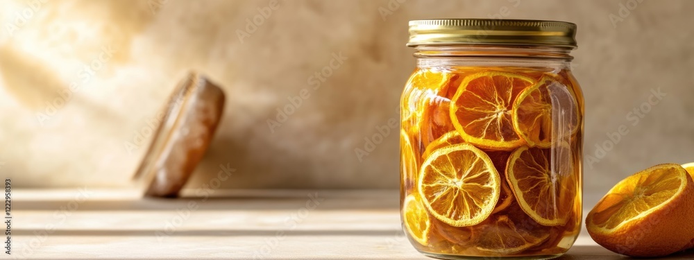 Aufkleber dried orange slices in jar with homemade bread on table empty space for text healthy cooking and foo