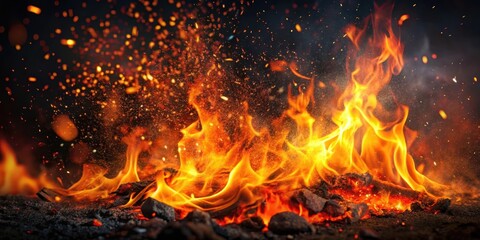 Fiery flames with sparks on a dark black background, with warm orange and red hues, surrounded by soot and ash , background