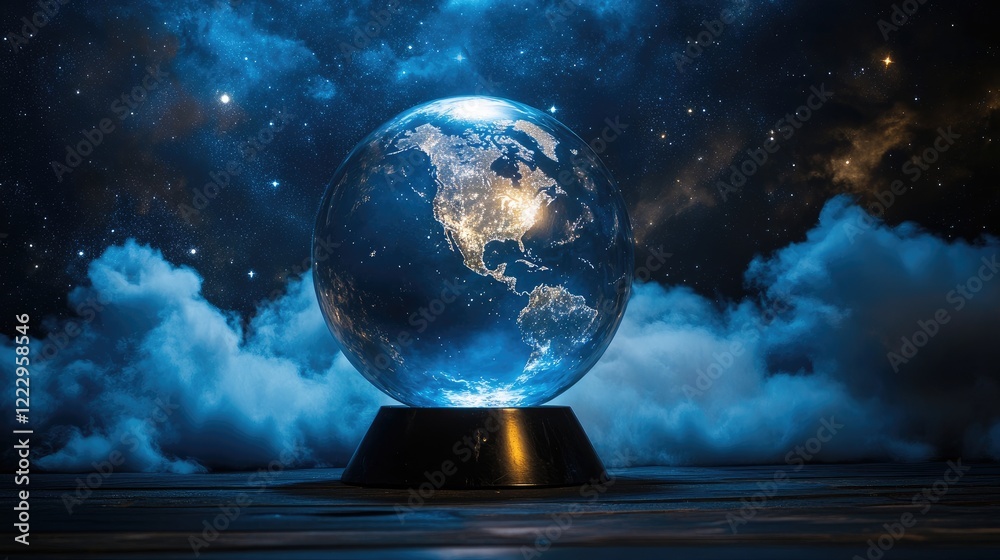 Poster celestial globe glowing under moonlight with clouds and stars enhancing a serene cosmic atmosphere i