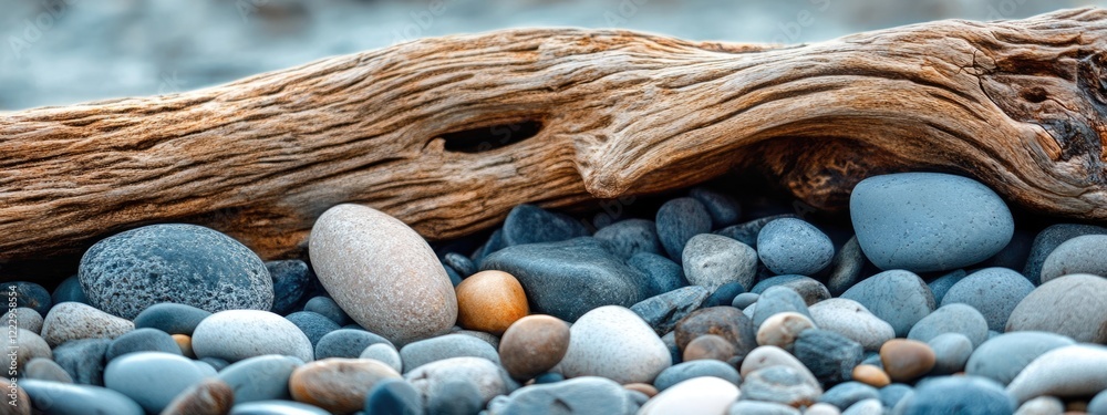 Poster Driftwood and polished pebbles on a serene beach with ample copy space for branding or textual content.