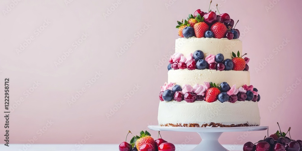 Poster elegant tiered cake decorated with fresh strawberries blueberries and cherries on a soft pastel back