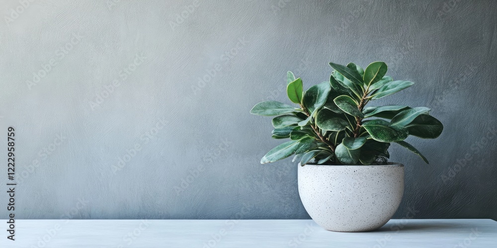 Aufkleber Elegant potted flowering plant on minimalist table with blank space for text in soft natural light against a gray wall background.