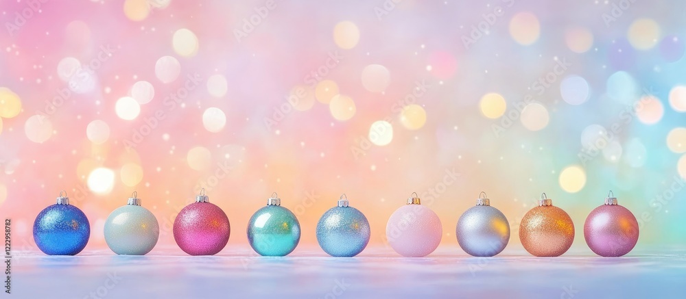 Poster Colorful Christmas ornaments with vibrant bokeh lights background creating a festive atmosphere and empty space for personalized holiday message