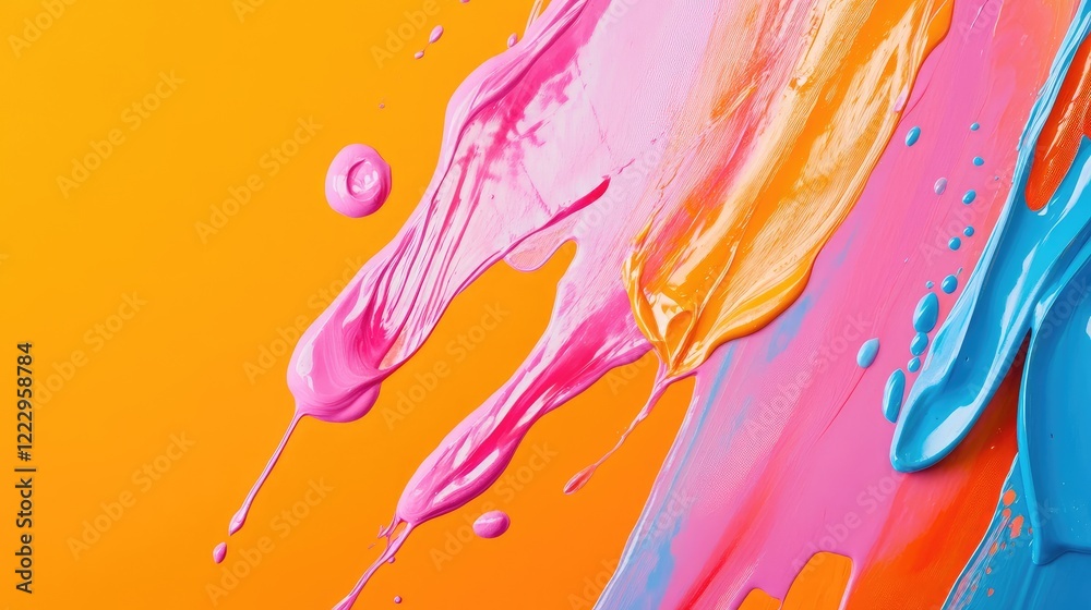 Poster vibrant orange pink and blue paint streams in contemporary artwork with ample empty space for text a