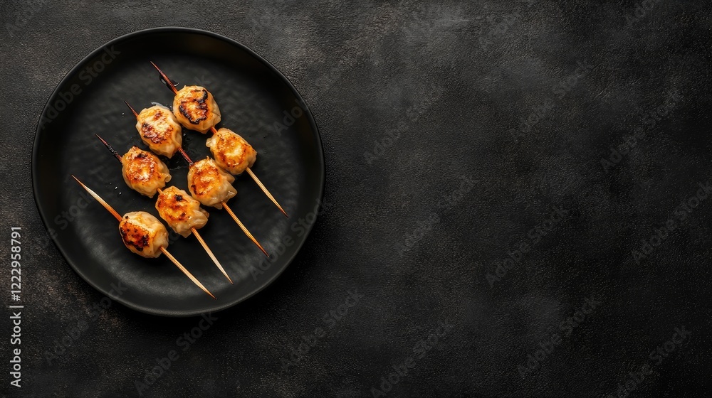 Aufkleber chinese dumplings on skewers arranged on a dark plate with black background providing ample copy spa