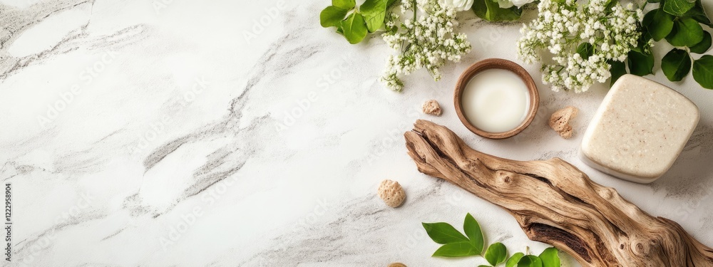 Poster driftwood bath products arrangement with fresh green flowers and empty space for text on marble back
