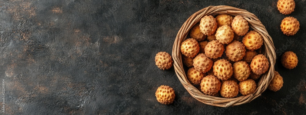 Aufkleber Dried Longan Fruit in a Basket on Dark Table Surface with Copy Space for Text or Branding