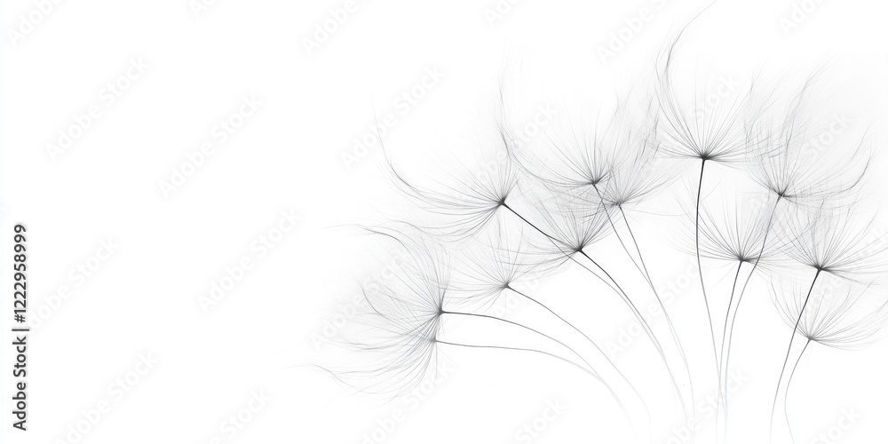 Poster Elegant dandelion seeds in delicate curves on a clean white background ideal for nature themes and text placement.