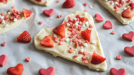 A detailed view of white chocolate bark topped with crushed strawberries and heart-shaped candy sprinkles, styled on parchment paper