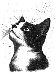 Black and White Cat Illustration with Starry Background Design