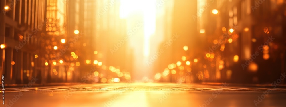 Poster Sunrise cityscape with warm sunlight illuminating a blurred urban business district and ample empty space for overlay text or branding