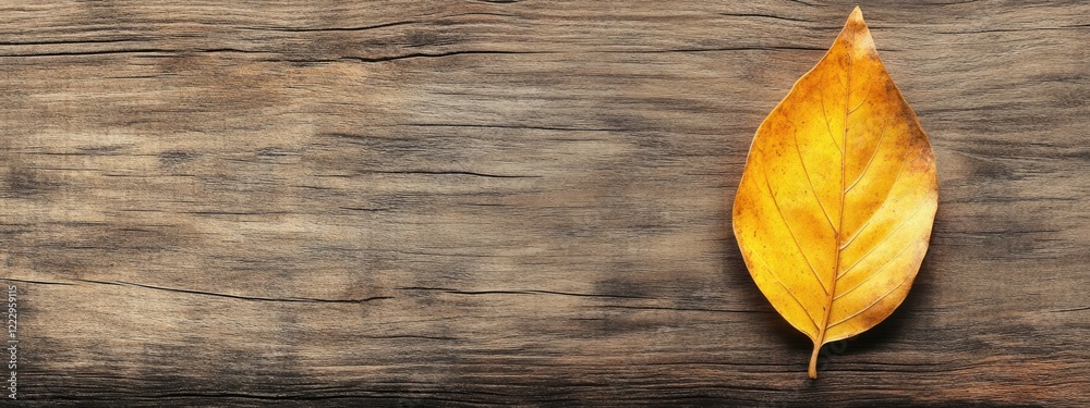 Aufkleber dried yellow leaf on weathered wooden background with space for text showcasing autumnal themes and 