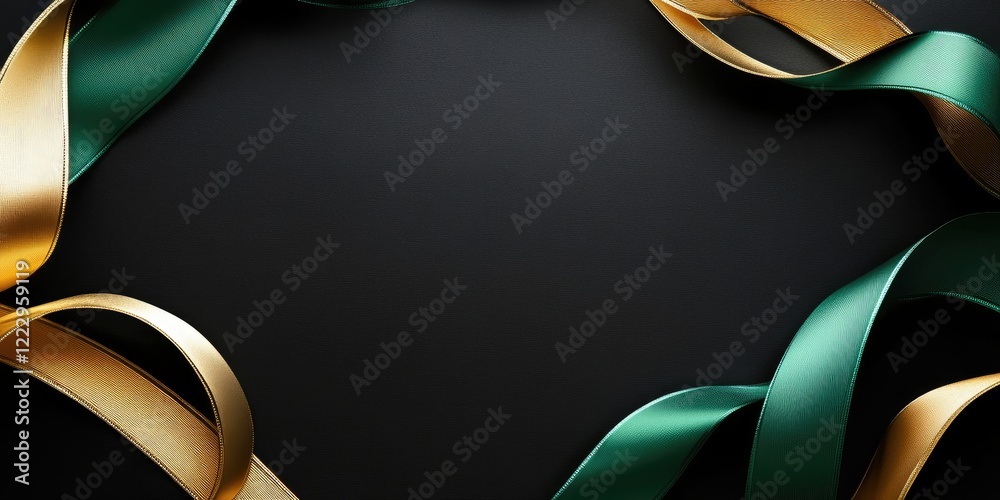 Poster elegant black background adorned with flowing green and gold ribbons perfect for showcasing your cus