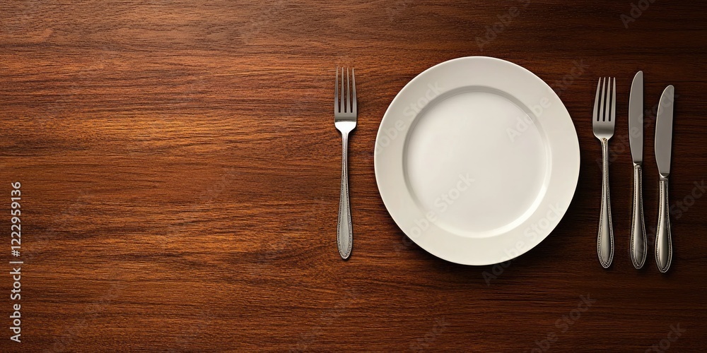 Fototapete Elegant dining table settings with silverware and an empty plate on a wooden surface for menu or text placement.