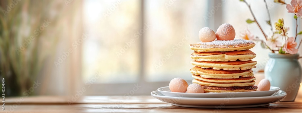 Poster Easter brunch table featuring a stack of pancakes with spring decorations and flowers, providing empty space for text placement.