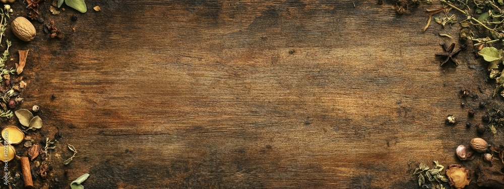 Aufkleber Dried herbs and spices arranged on a rustic wooden tabletop creating a vintage ambiance with ample copy space for creative text usage