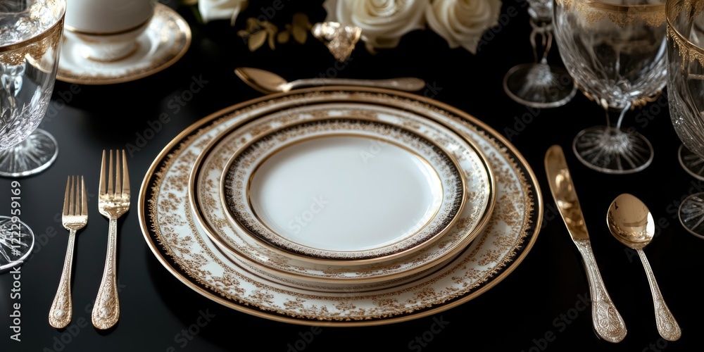 Aufkleber Elegant Dining Table Setup with Exquisite Cutlery and Tableware Featuring Space for Custom Text or Branding