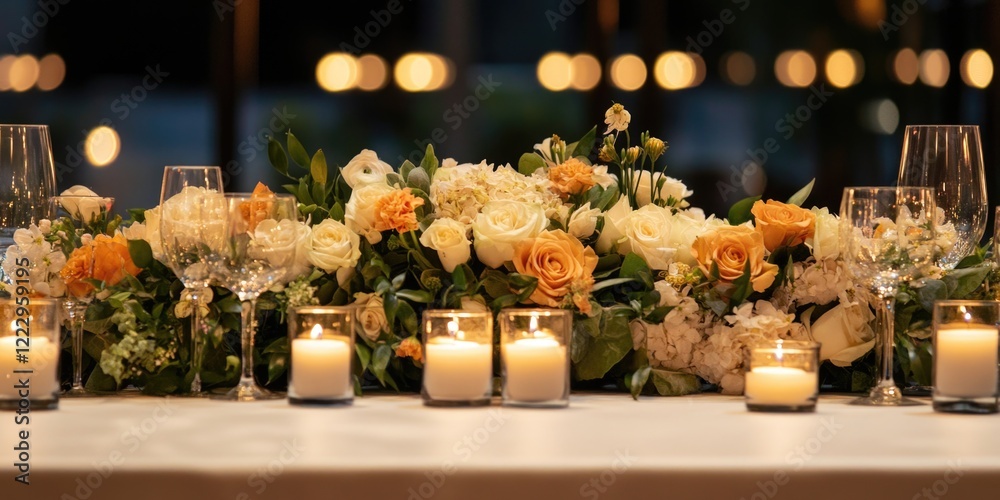 Aufkleber Elegant table setting adorned with candles and floral centerpiece creating a romantic atmosphere for special occasions and events