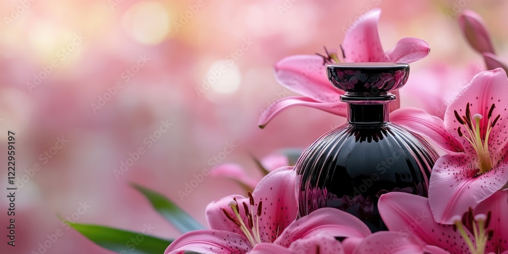 Poster Elegant black perfume bottle surrounded by pink lilies with soft focus background and space for text or branding.