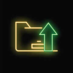 Green arrow pointing up on a yellow neon folder, glowing on a black background