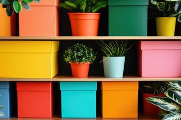 Warehouse organization scene showcasing neatly arranged shelves filled with colorful boxes and containers, neutral background, bright lighting