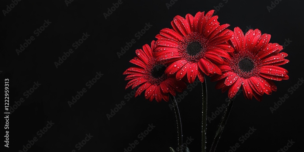 Fototapete close up of elegant red gerbera daisies with morning dew on black background featuring empty copy sp