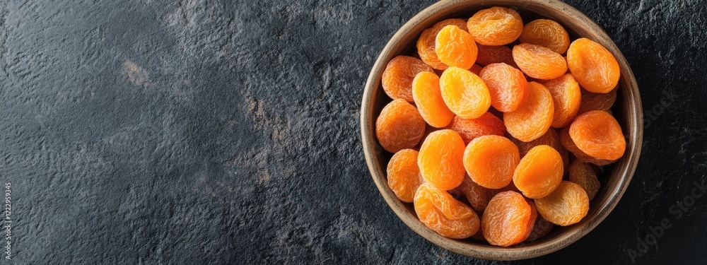 Poster dried apricots in bowl on dark table healthy snack with empty space for text and branding opportunit
