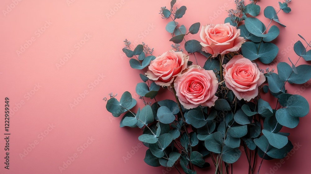 Poster autumn workspace flat lay with dried roses and eucalyptus on pink desk inviting card design wedding 