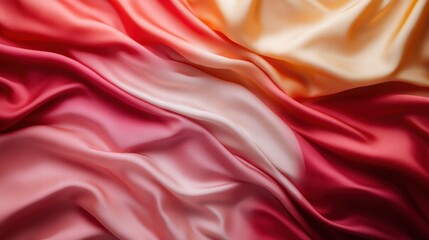 Obraz premium This image features beautifully draped satin fabric in a gradient of warm colors including pink, orange, and cream, showcasing rich textures and luxurious appeal.