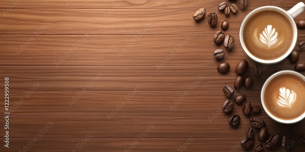 Aufkleber elegant espresso coffee with latte art and roasted coffee beans on a polished wooden table with ampl