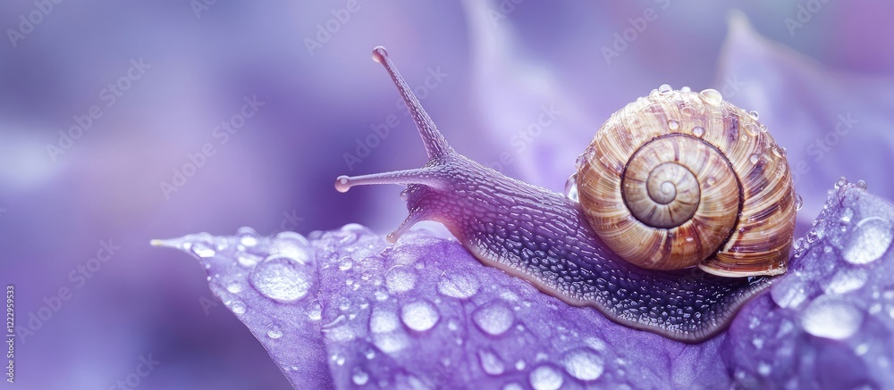 Poster Dreamy macro shot of purple flower petals with dew drops and curious snails creating a serene atmosphere with ample copyspace for text