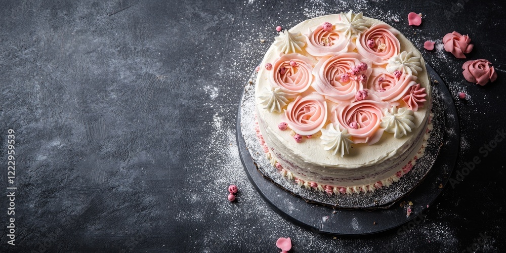 Poster elegant father's day cake decorated with pink roses and a textured surface, featuring a space for cu