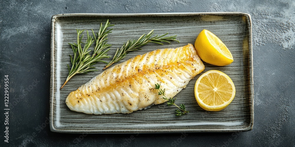 Poster Elegant flounder dish garnished with lemon and fresh herbs on a stylish rectangular plate with space for text or menu description.