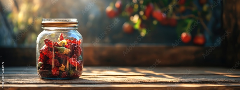 Poster dried chili peppers in a glass jar on wooden table with natural light and empty space for text and d