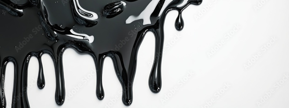 Aufkleber Black liquid dripping to form shiny droplets on a clean surface with ample space for text and creative design elements.