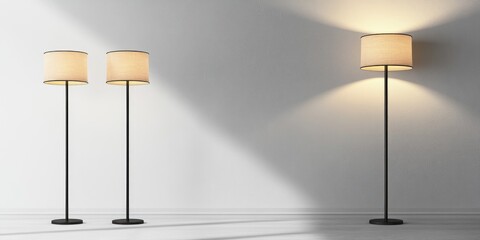 Elegant floor lamps illuminating a modern bright living space with ample empty area for customizable text or graphic elements