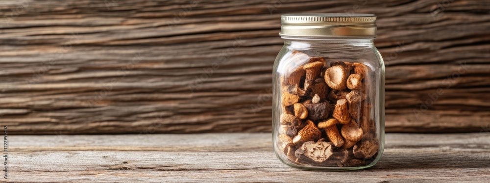 Aufkleber dried mushrooms in glass jar on rustic wooden surface with space for custom text or branding