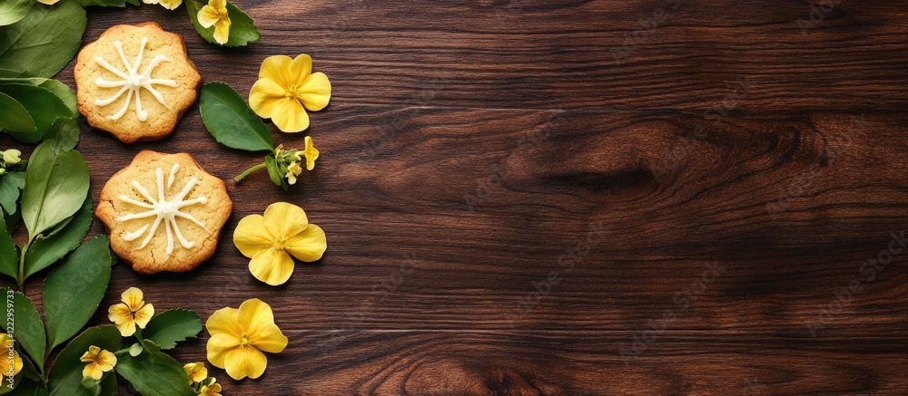 Poster holiday banner background featuring cookies and lemon geranium flowers on rosewood table with copy s