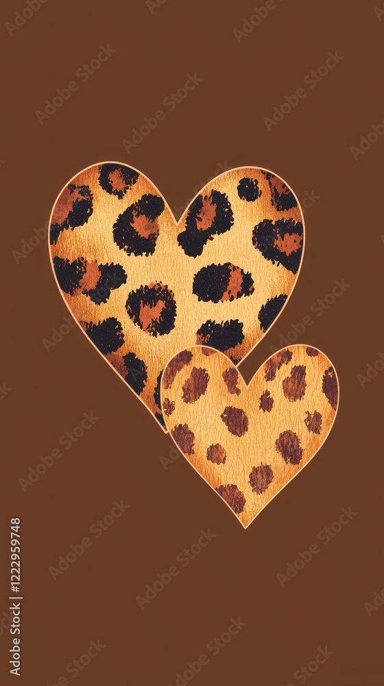 Poster in a delightful composition, two hearts embrace a wild leopard print, showcasing bold colors and pat