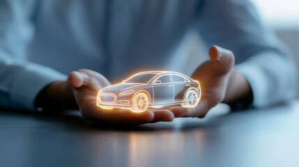 businessman holding glowing car model, showcasing innovation and technology. ,Insurance