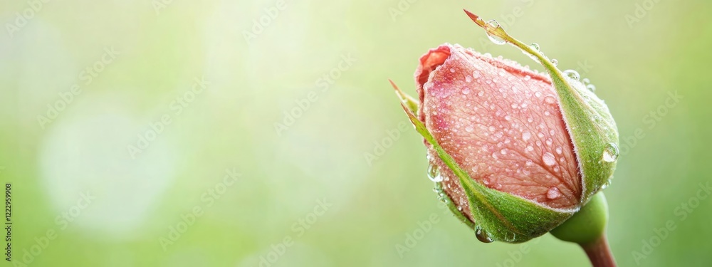 Poster dried pink rose with dew drops on bud against natural background for elegant card design blank space