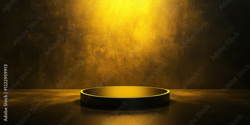 Poster elegant dark podium display with vibrant yellow light background for text showcasing creative produc