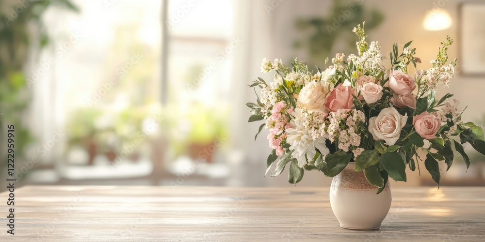 Aufkleber floral centerpiece on dining table with empty space for text in a bright, cozy setting showcasing ro