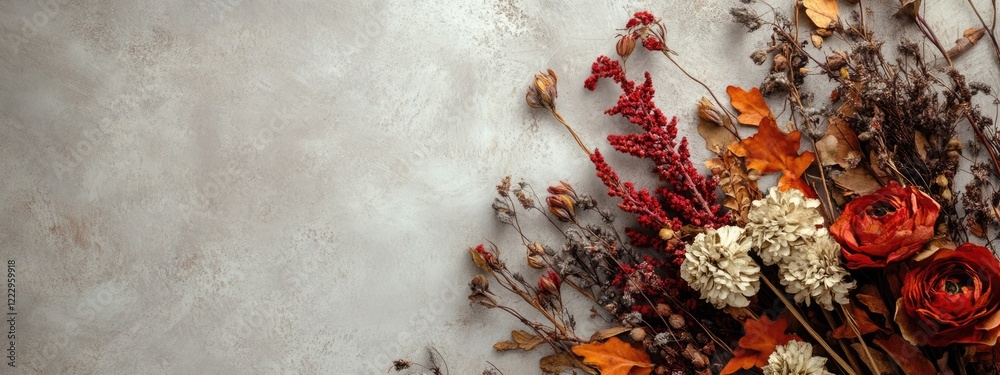 Aufkleber Dried autumn flowers and leaves bouquet on textured background with blank space for text ideal for seasonal decoration and greeting cards