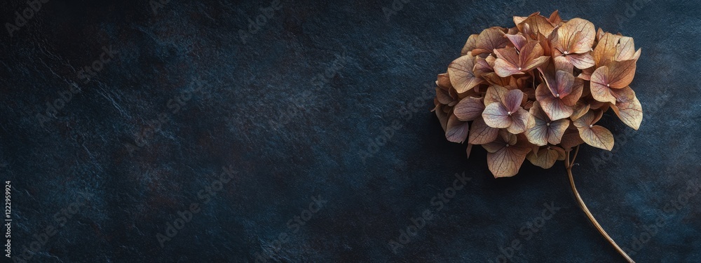 Leinwandbilder dried hydrangea flower on dark textured background with ample space for text or design elements.