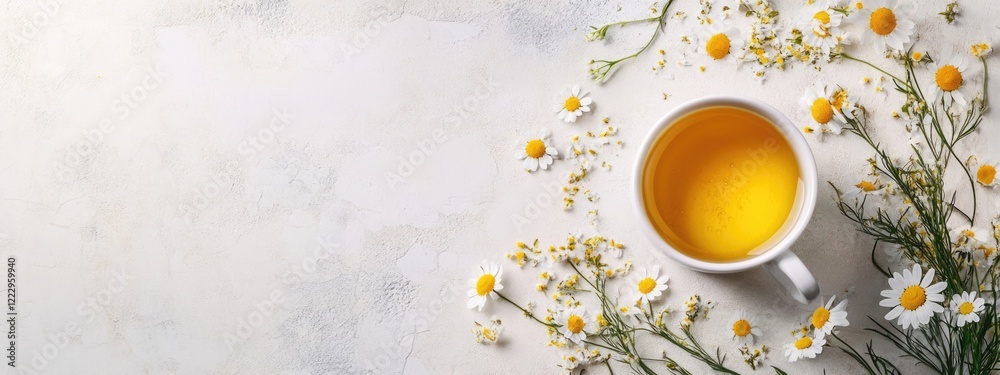 Poster aromatic dried chamomile tea with wild grass blossoms and empty space for text on a light background