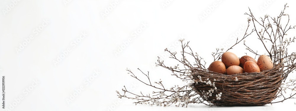 Aufkleber Easter Eggs Nestled in a Rustic Basket Surrounded by Blooming Branches on a White Background with Blank Space for Custom Text