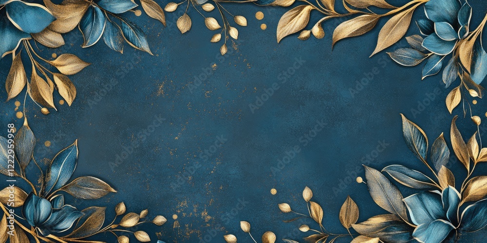 Poster elegant floral frame featuring rich blue and gold accents with ample copy space for text or branding