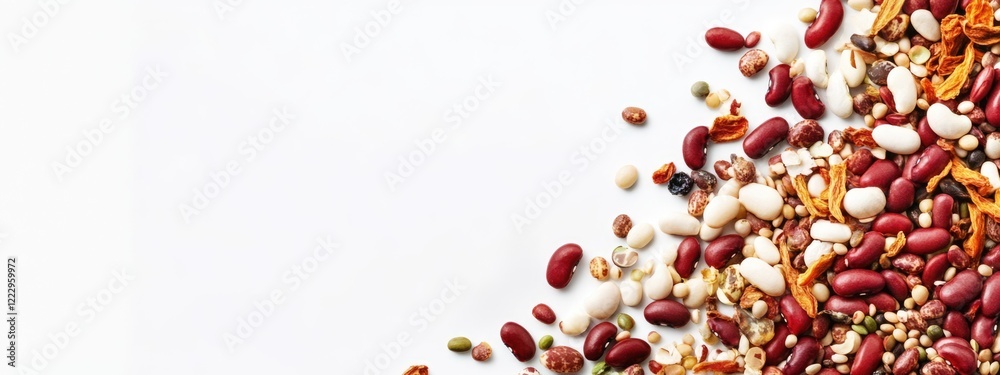 Poster dried kidney beans and mixed legumes arranged on white background with space for text showcasing hea