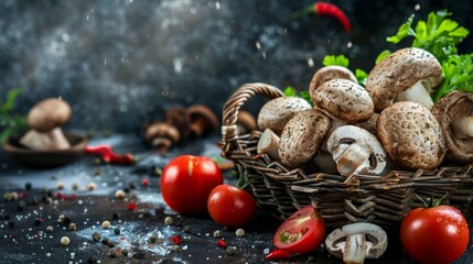 Fresh mushrooms and vegetables in a basket against a dark wall, great image for cooking blogs and healthy eating websites.